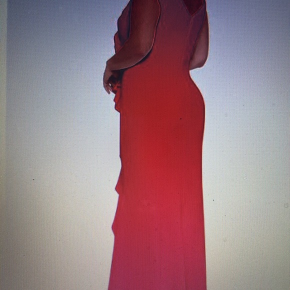 Red Sleeveless V-Neck Cascade Ruffle Scuba Crepe Gown, stands out! - Picture 2 of 4